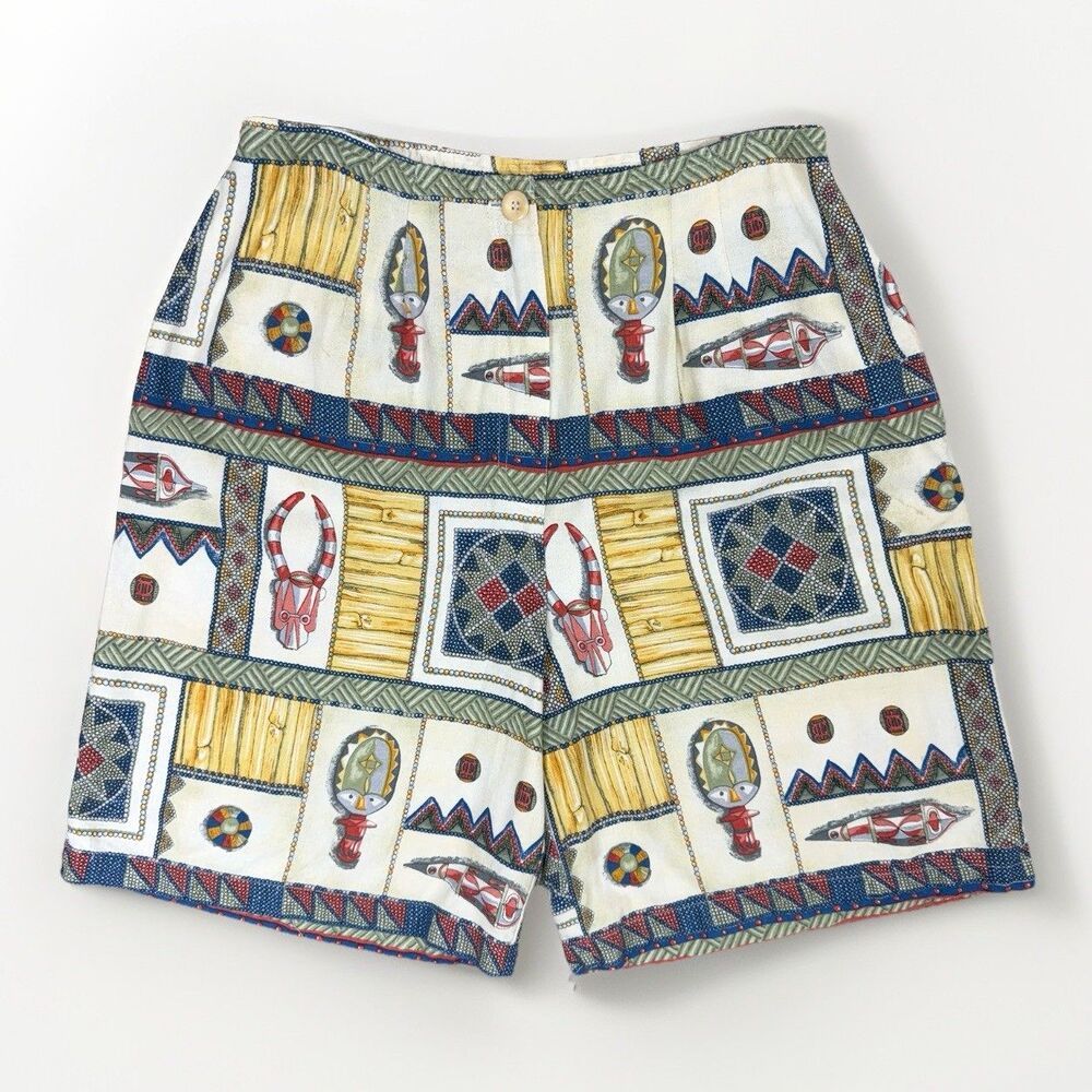 Vintage Southwestern High Rise Linen Blend Shorts Size 30" Western Arttowear Fun